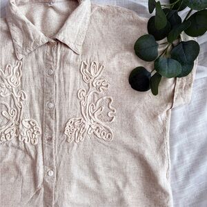 Neutral Embroidered Linen-Blend Button-Up Blouse